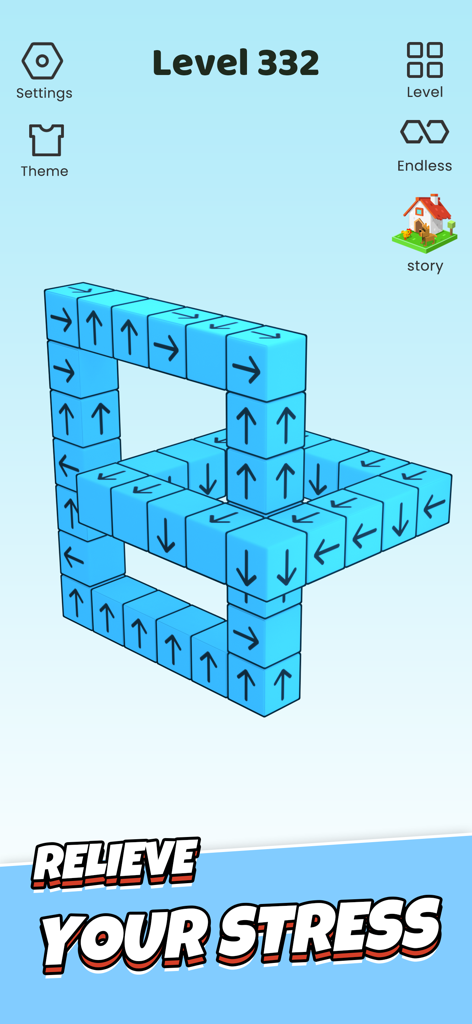 Take Away - Tap 3D Blocks Out - Take Awayモバイルゲームのレベル332。方向矢印が付いた青い3Dブロックで構成された複雑な構造が特徴です。