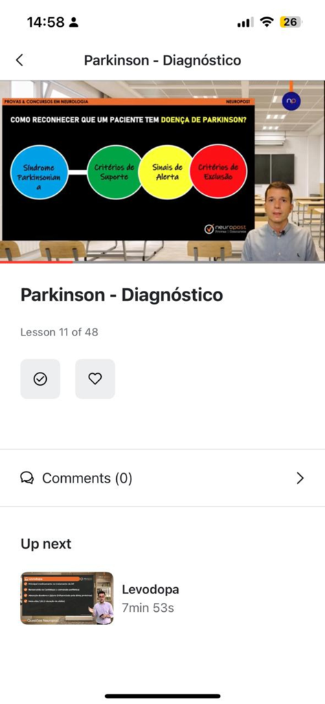 NeuroPost - Tela do aplicativo NeuroPost mostrando uma videoaula sobre diagnóstico da doença de Parkinson para profissionais médicos