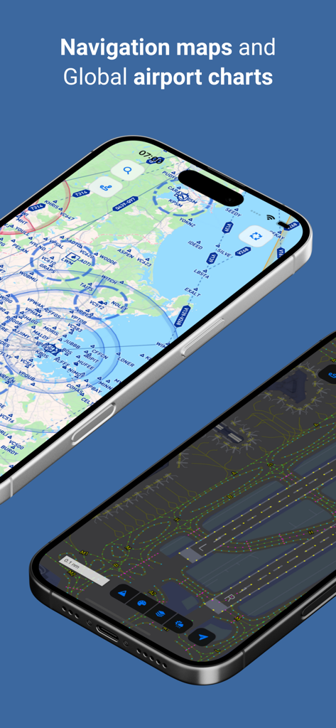 FlyCharts - Two mobile phones displaying flight navigation maps and detailed airport ground charts from the FlyCharts app