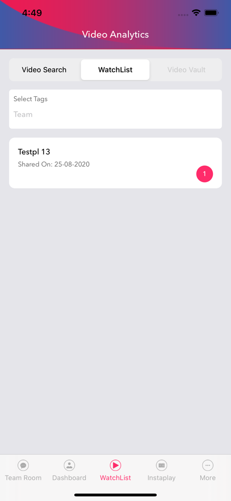 SportsAlways app interface showing the video analytics watchlist with a shared cricket performance video entry
