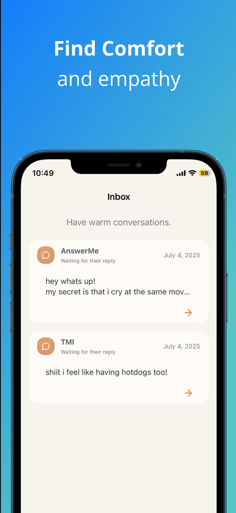 Letterly - Anonymous Letters - Letterly app inbox screen showing anonymous letter previews with the headline find comfort and empathy