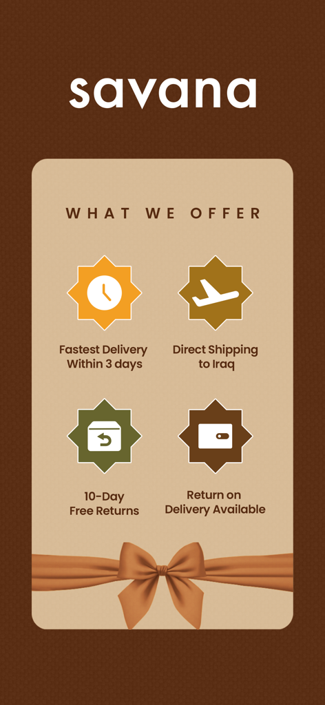 Características de servicio de la aplicación de moda Savana, que incluyen entrega rápida a Irak y devoluciones gratuitas de 10 días