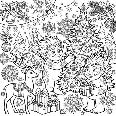 Dive into a unique holiday coloring experience with our charming Ice Trolls Christmas scene. Featuring festive trolls decorating a tree and exchanging gifts, this page is perfect for adding your creative flair to the winter season.