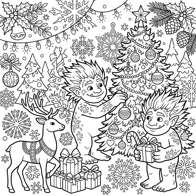 Dive into a unique holiday coloring experience with our charming Ice Trolls Christmas scene. Featuring festive trolls decorating a tree and exchanging gifts, this page is perfect for adding your creative flair to the winter season.