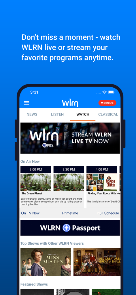 WLRN Public Media - Interface of the WLRN Public Media app showing the live TV stream section with PBS programs and schedules.