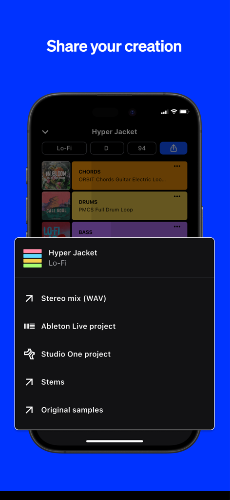 A screenshot of the Splice app showing options to export a music project as a stereo mix, stems, or DAW files for Ableton Live and Studio One.