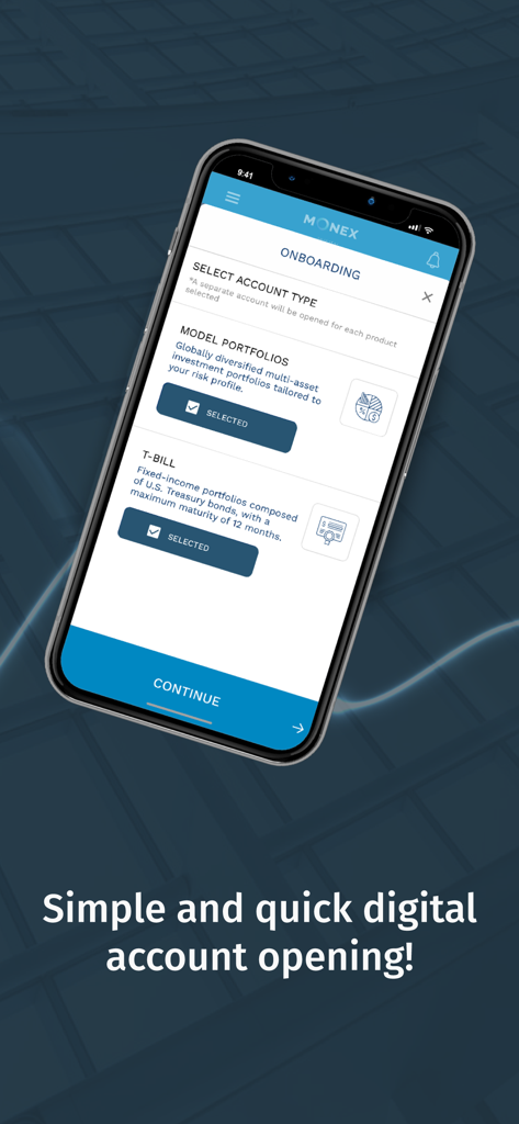 Monex Investor - Pantalla de la aplicación Monex Investor que muestra el proceso de incorporación para seleccionar carteras modelo y tipos de cuenta T-bill