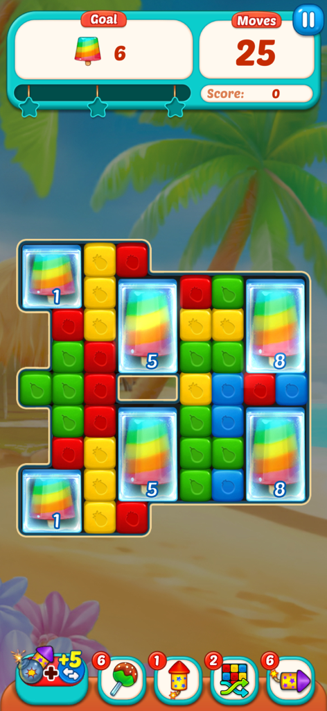 Fruit Cube Blast: Match 3 Game - Fruit Cube Blast gameplay screen with colorful blocks and tropical background