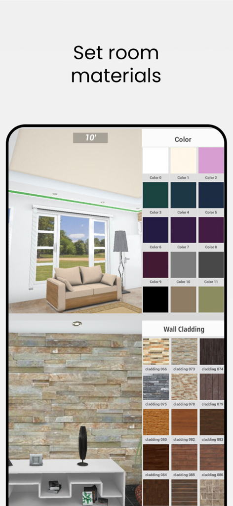 Home Decor - House Design Game - 壁の色と石材のクラッドテクスチャの部屋のデザインオプションを示すモバイルゲーム画面