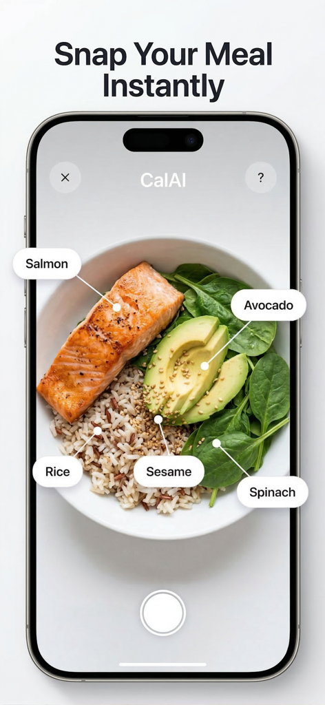 CalAI: Scan & Calorie Tracker - CalAI app interface using AI food recognition to scan a salmon and avocado meal for instant calorie tracking