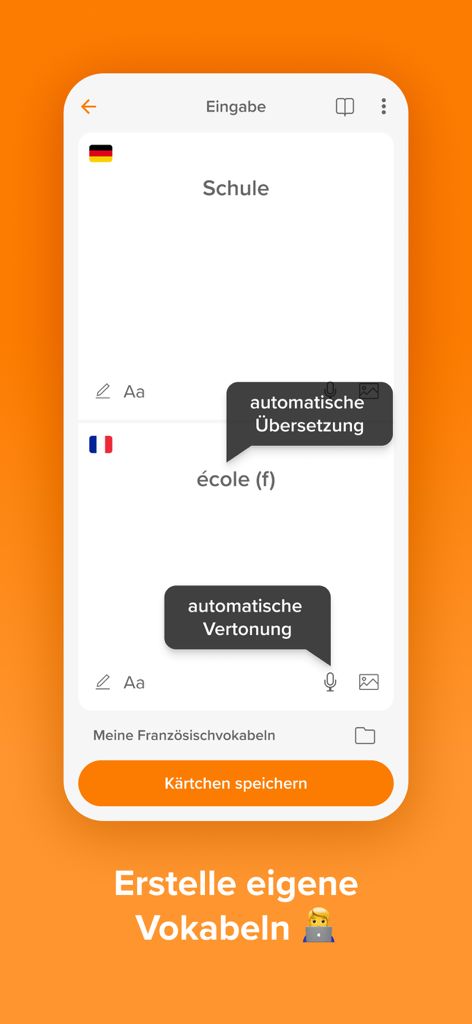 phase6: Practice vocabulary - Interface de création de cartes mémoire de vocabulaire personnalisées avec traduction automatique et audio dans l'application phase6