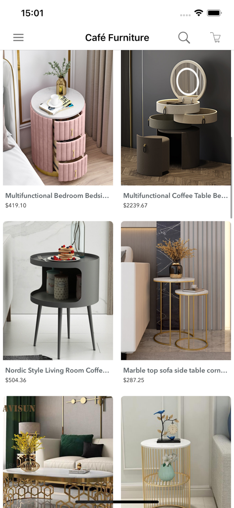 가구 쇼핑 앱에서 가격이 표시된 다양한 현대식 침대 옆 테이블과 커피 테이블을 보여주는 모바일 화면