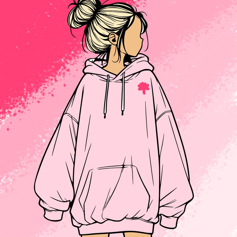 realistic girl with a oversized sweatshirt on and a bun