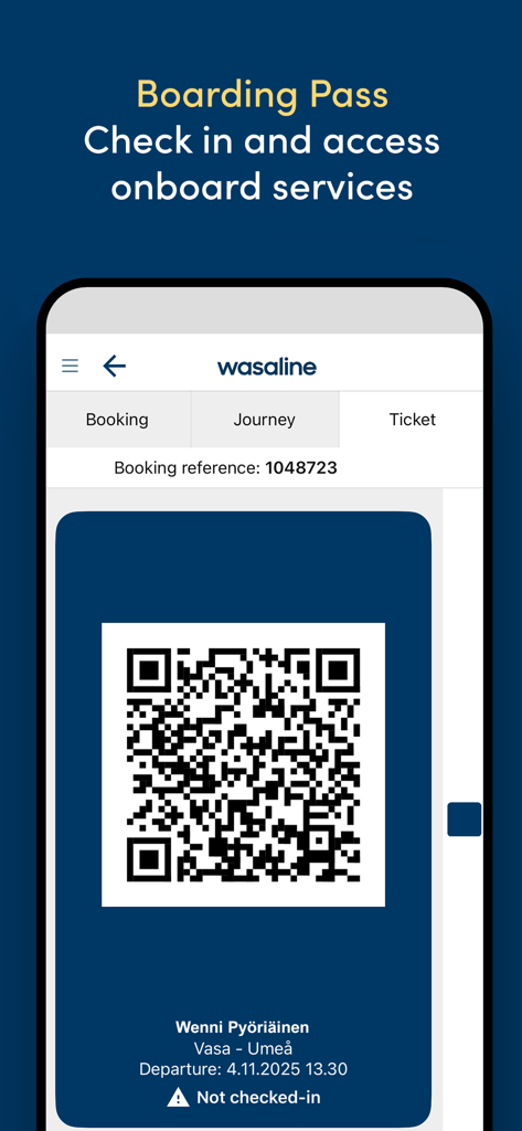 Digital boarding pass screen in the Wasaline app showing a QR code for ferry check-in and onboard services.