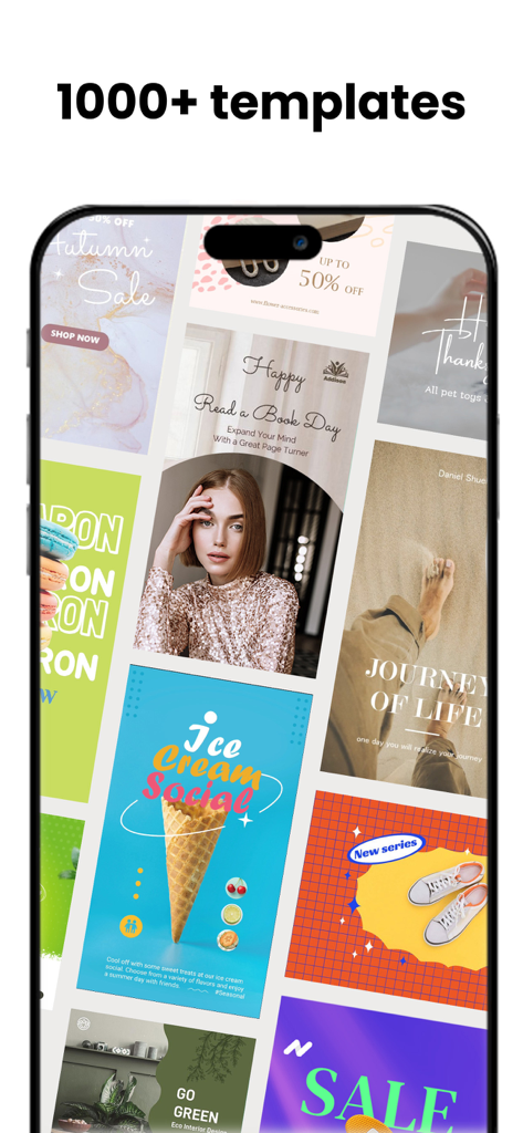 Smartphone-Bildschirm mit einer Sammlung verschiedener Social-Media-Marketing-Vorlagen