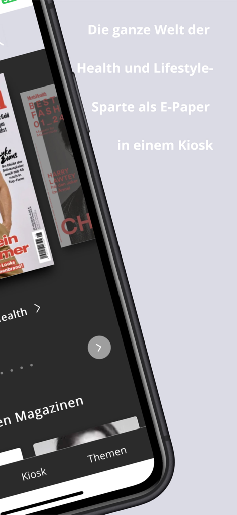 Health Kiosk - Un smartphone mostrando la interfaz de la aplicación Health Kiosk con portadas digitales de revistas de Men's Health