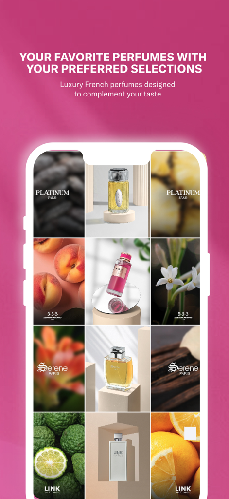 Deraah | درعــه - A mobile screen showing a curated grid of luxury perfumes and their aromatic ingredients like citrus and flowers