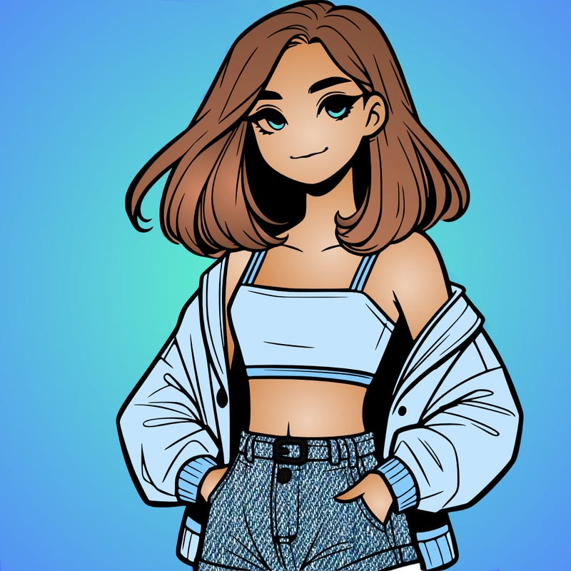 a realistic girl with a crop top and short shorts in an open jacket