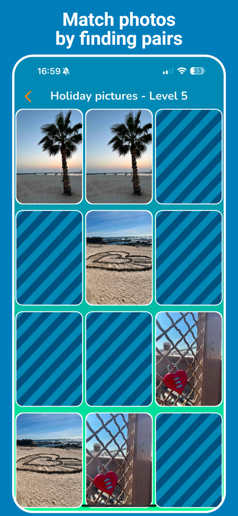 Photo Match Game - Jugabilidad de Photo Match Game con fotos personales de vacaciones en una cuadrícula de emparejamiento de memoria.
