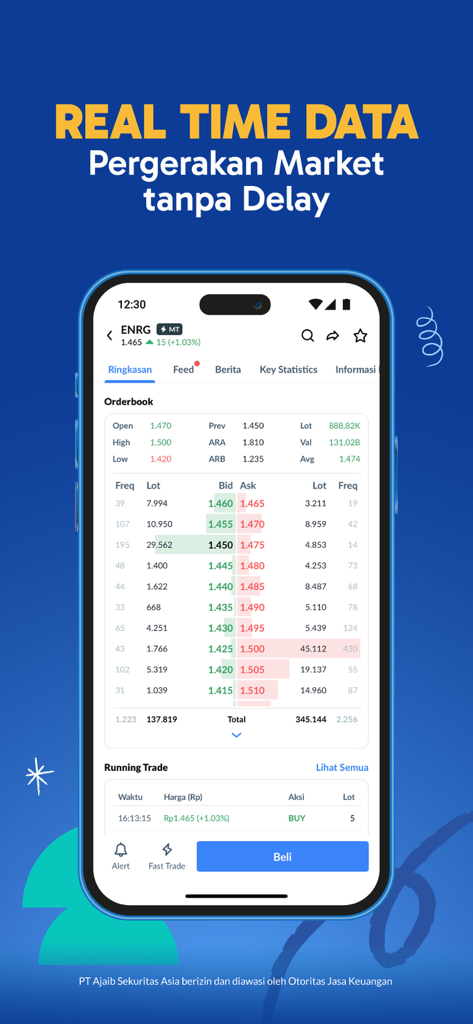 L'interfaccia dell'app Ajaib mostra dati di mercato in tempo reale e dettagli del libro ordini delle azioni per il trading indonesiano