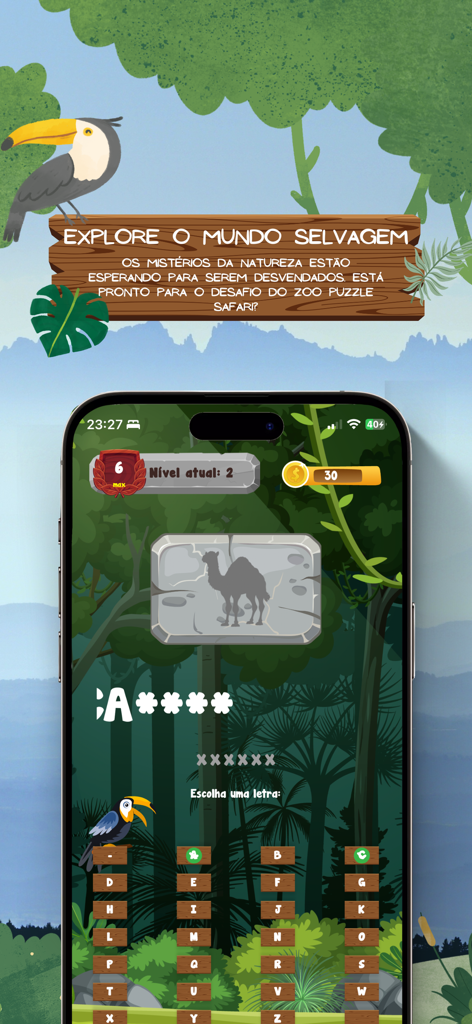 Caça Palavra Animais - Interface do jogo mobile Zoo Puzzle com um caça-palavras de animais e fundo de selva