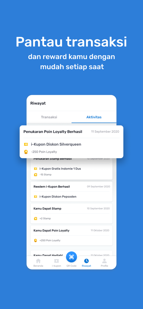 Pantalla de la aplicación Indomaret Poinku mostrando el historial de transacciones y recompensas con puntos de lealtad y sellos