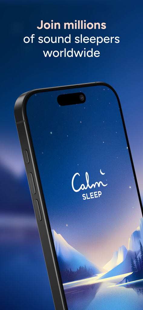 Calm Sleep - Rest & Relax - Smartphone displaying the Calm Sleep logo against a serene night landscape with mountains and a starry sky