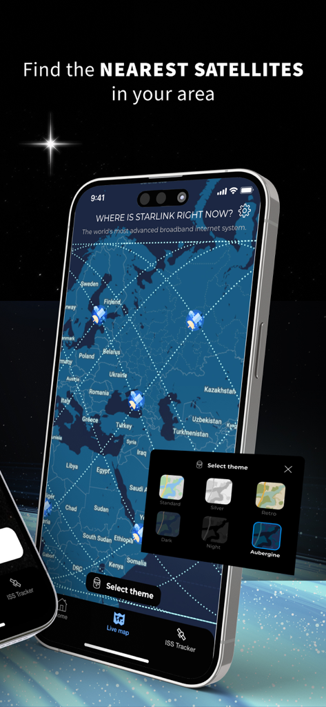 Staslink: Satellites Tracker - App Staslink che mostra una mappa di tracciamento satellitare live su un iPhone con diverse opzioni di tema della mappa