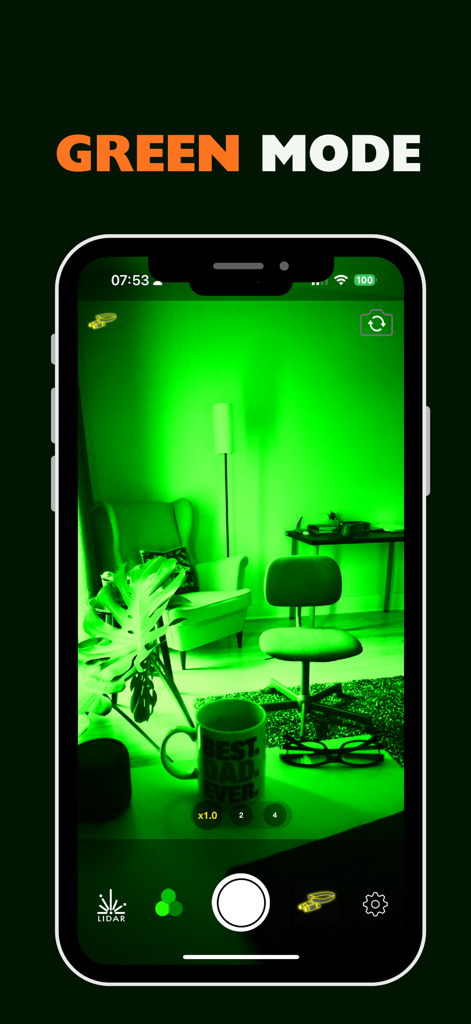 Night Vision - Thermal Camera - Night vision app interface showing a room with a green filter.