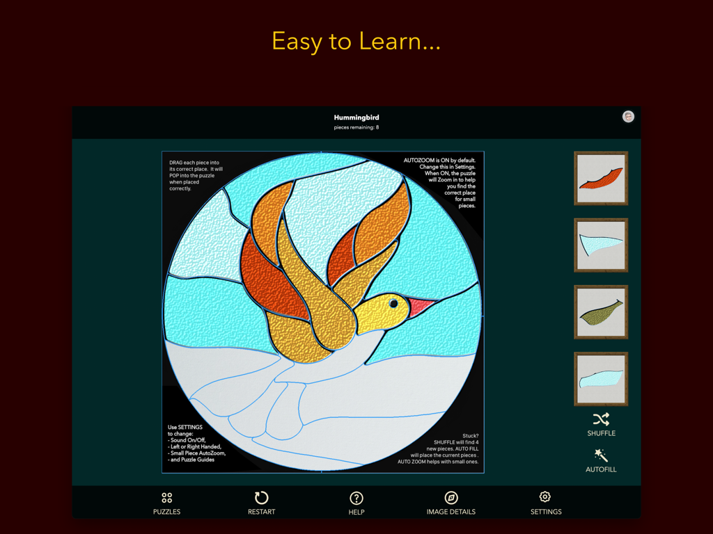 A hummingbird stained glass puzzle game interface showing the easy to learn drag and drop mechanics