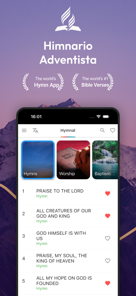 Interface of the Himnario Adventista app showing a list of religious hymns and categories like worship and baptism