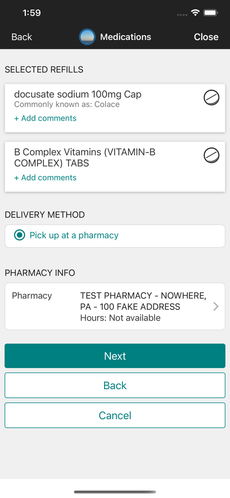 Sutter Health My Health Online - 薬の補充と薬局の受け取り場所を選択するためのSutter Healthアプリの画面