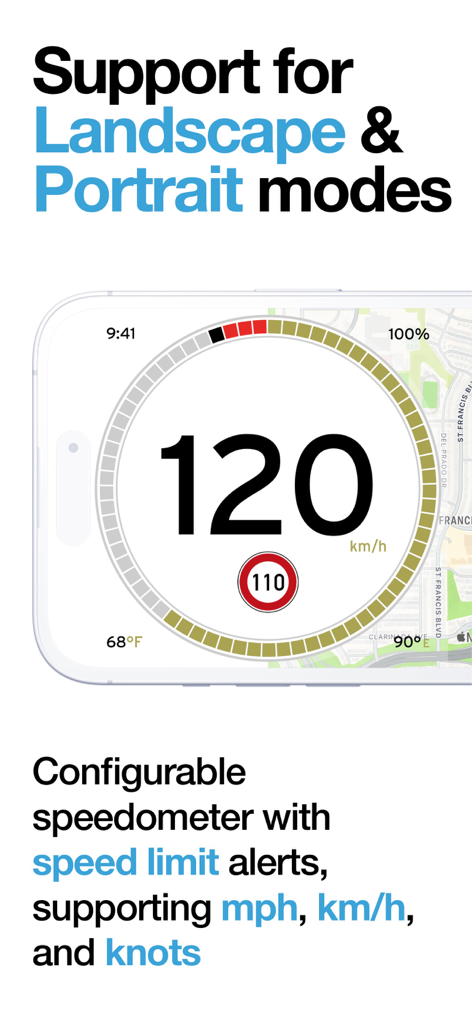 Digital speedometer app interface in landscape mode showing speed limit alerts and GPS map