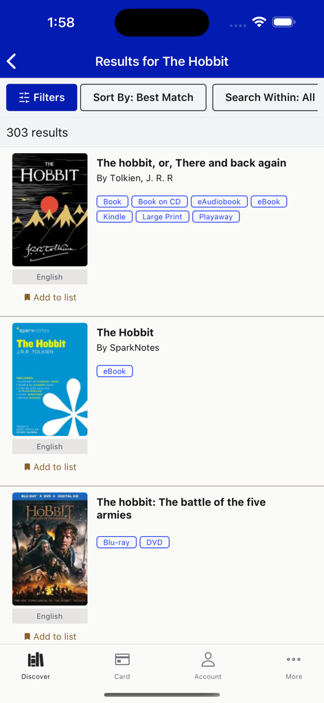 Search results for The Hobbit in the Ocean State Libraries Mobile app showing various book and media formats