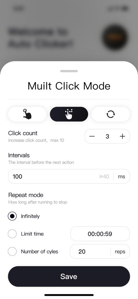 Pantalla de configuración para el Modo Multi Click en la aplicación Auto Clicker mostrando opciones para intervalos de recuento de clics y modo de repetición