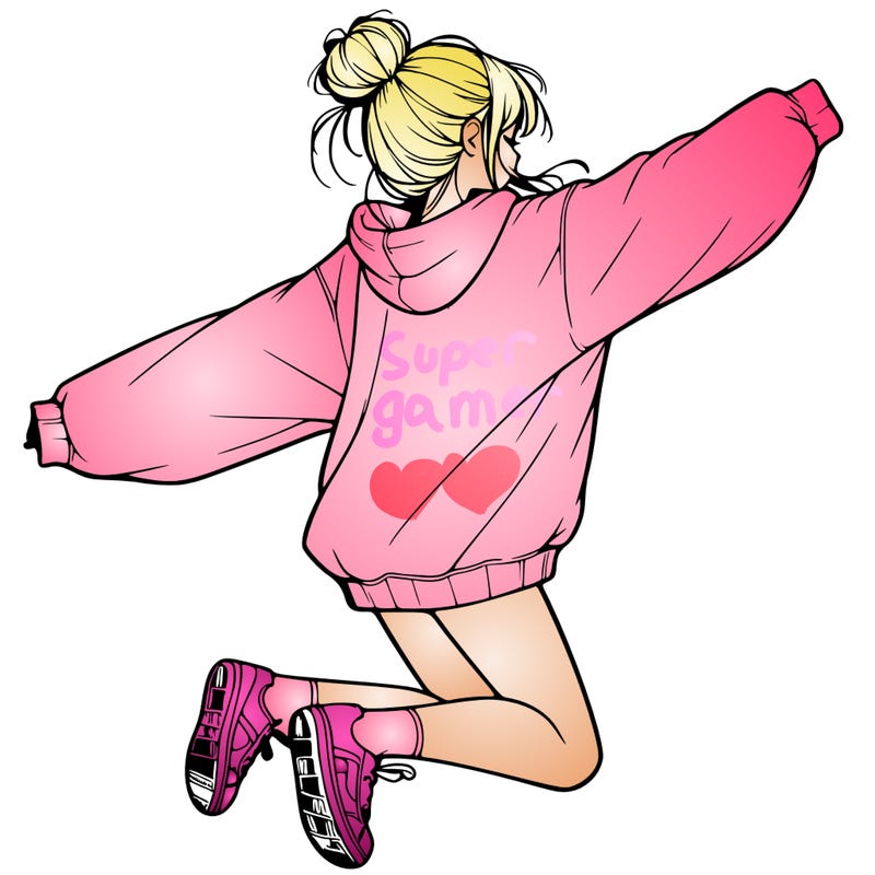 realistic girl jumping with a bun and oversized sweatshirt