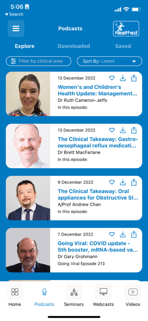 Healthed - Interface of the Healthed app showing a list of medical podcasts for healthcare professionals.