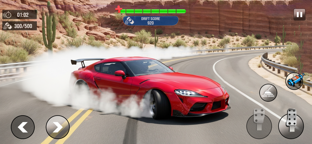 Extreme Car Drift Simulator 3D - Um carro esportivo vermelho fazendo uma derrapagem em alta velocidade com fumaça de pneu em uma estrada de montanha em Extreme Car Drift Simulator 3D.