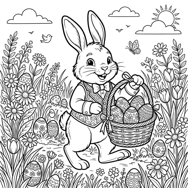 Celebrate the joy of Easter with this delightful coloring page featuring a charming Easter Bunny. He's ready to deliver his basket brimming with beautifully decorated eggs, nestled in a vibrant spring meadow.