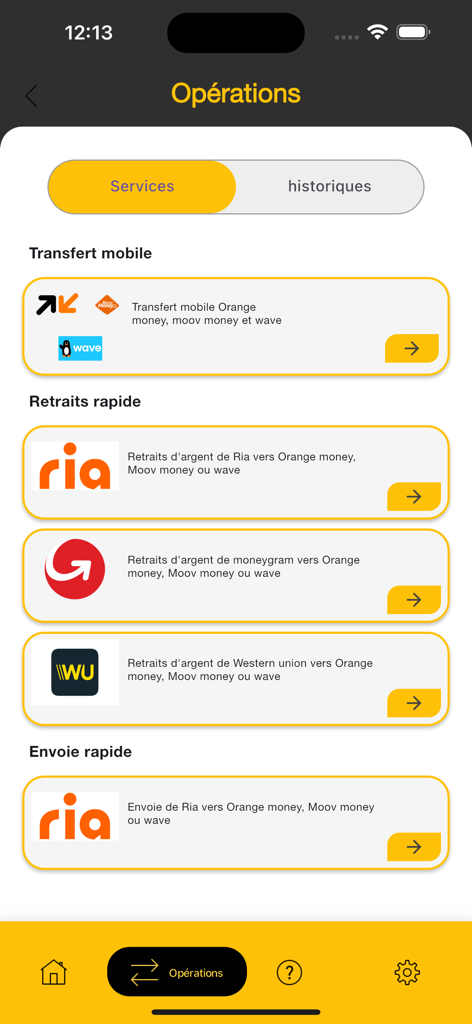 Ligdi App Bildschirm, der verschiedene Geldtransfer- und Auszahlungsdienste für Burkina Faso anzeigt