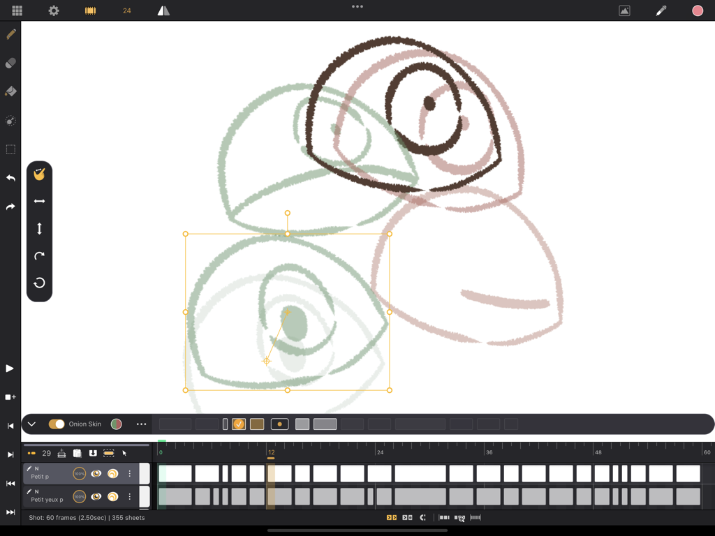 Interfaz de la aplicación de animación 2D Callipeg con onion skinning y una línea de tiempo profesional en iPad