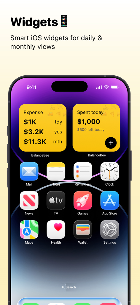 BalanceBee expense tracker iOS widgets showing daily spending and budget summaries on an iPhone home screen