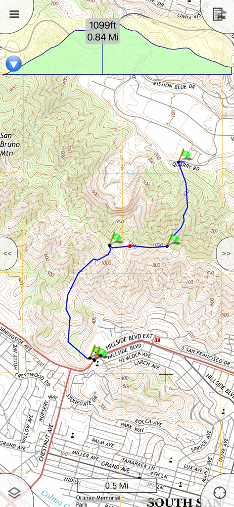 Memory-Map for All - A topographic map in the Memory-Map for All app showing a blue hiking route with green waypoints and a detailed elevation profile graph.