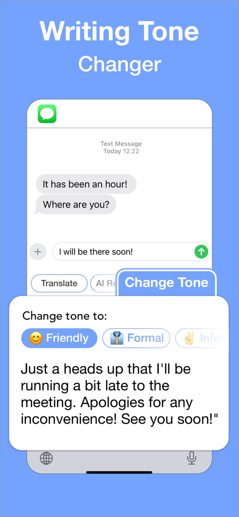 TyprAI: AI Keyboard & Writer - TyprAI app interface showing the AI writing tone changer feature for messaging.