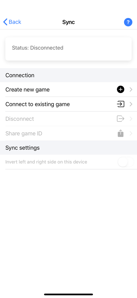 The sync menu of the Volleyball Score Simple app with options to create or connect to a game