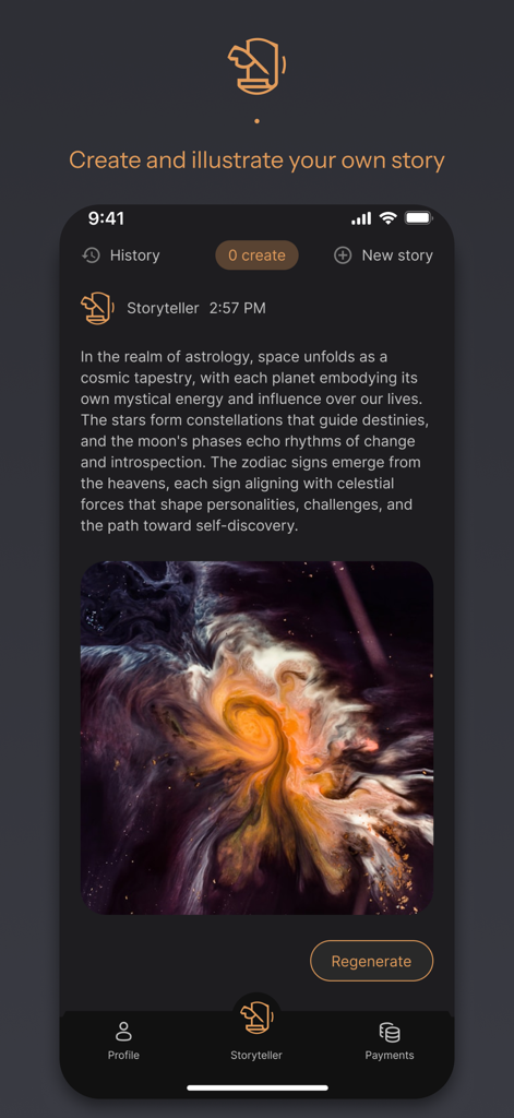 Sibyl AI - La aplicación Sibyl AI mostrando la función Narrador con una historia cósmica y arte celestial generado por IA