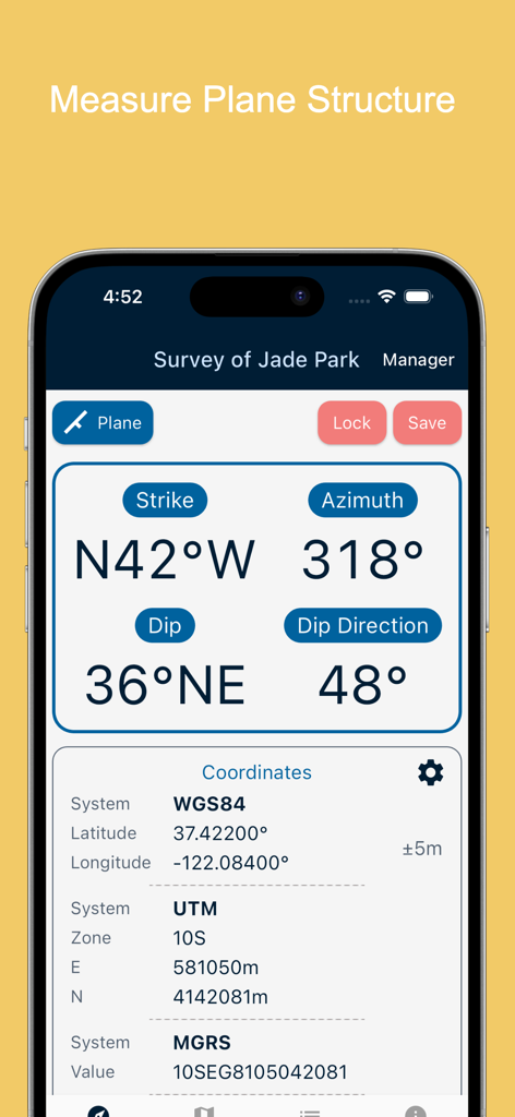Geology Clinometer: GeoCompass - Smartphone screen showing strike dip and coordinate measurements in the Geology Clinometer app