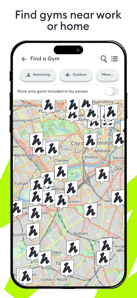 Hussle Flexible Gym Membership - Hussle app interface showing a city map with multiple gym location pins and search filters for swimming and outdoor activities