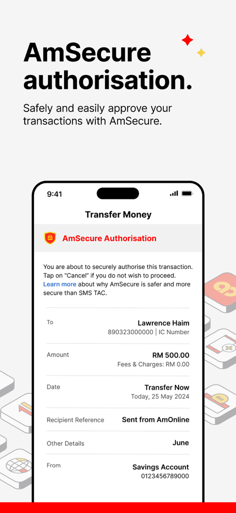 A mobile screen from the AmOnline app showing the AmSecure authorization process for a money transfer transaction