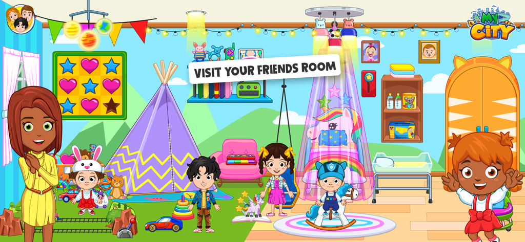 Personajes jugando en una colorida habitación infantil con una tienda de campaña y varios juguetes